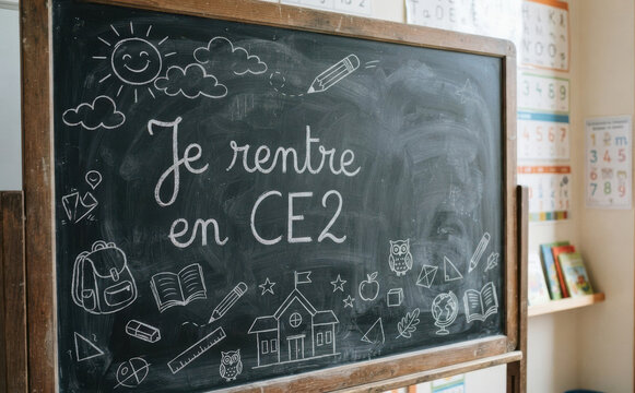 Je rentre en CE2 - Tableau noir de rentree scolaire pour ecolier francais et education
