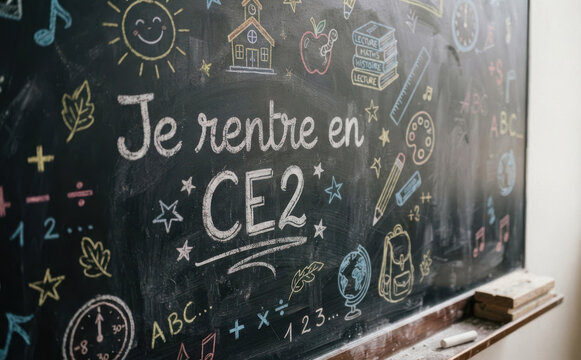 Je rentre en CE2 - Tableau noir de rentree scolaire avec dessins d'ecole pour education et eleve