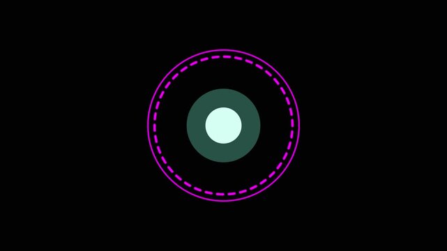 Concentric circles with a light blue center and dark teal rings surrounded by dashed magenta outer circles on a black background abstract.
