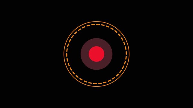 Concentric circles with a bright red center and dark brown rings surrounded by dashed orange outer circles on a black background abstract.