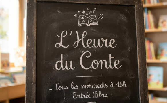 L'Heure du Conte panneau ardoise affichage librairie heure du conte pour enfants activite lecture