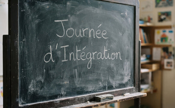 Journee d Integration written on a blackboard in a classroom representing education and school events