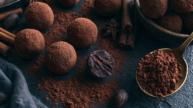 Chocolate truffles with cocoa powder and cinnamon sticks on a dark table