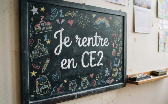 Je rentre en CE2, rentree scolaire, tableau noir, ecole, education, enfance, eleve, classe, septembre