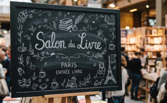 Salon du Livre Paris entree libre, affiche noire manuscrite exposition litteraire et evenement culturel