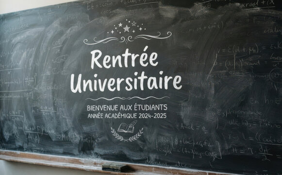 Rentr&eacute;e Universitaire - Bienvenue aux etudiants et retour en cours sur fond de tableau noir avec formules