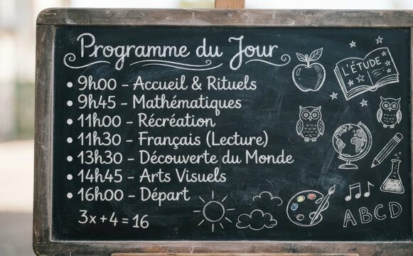 Programme du Jour, tableau noir d'ecole avec emploi du temps quotidien et matieres de classe pour education