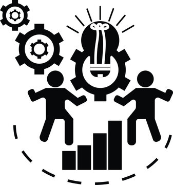 Black and white icon of business teamwork, strategy, innovation, and growth with gears and lightbulb