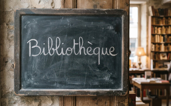 Biblioth&egrave;que, enseigne sur tableau noir dans une librairie ancienne pour les passionn&eacute;s de lecture et de culture