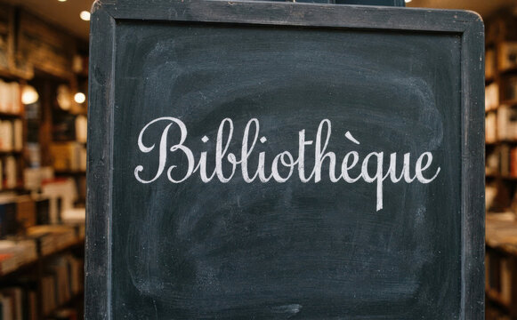 Biblioth&egrave;que, enseigne sur tableau noir de librairie ou de magasin de livres anciens, concept de lecture et de culture