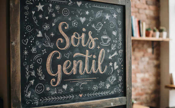Sois gentil tableau noir avec message positif et decoration de style calligraphie pour decoration murale et design