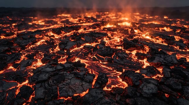 Molten lava river flowing through rugged volcanic terrain at night
