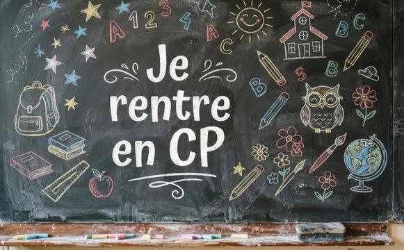Je rentre en CP tableau noir ecole rentree des classes education eleve premier jour