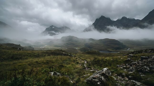 Misty mountain peaks emerging through low cloud cover in rugged alpine landscape