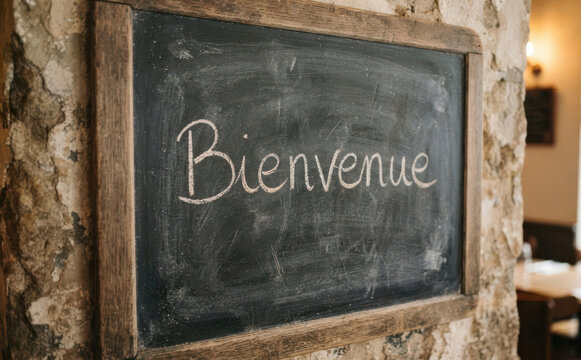 Bienvenue sur tableau noir en pierre, message de bienvenue en francais, arrivee des clients, panneau d'accueil chaleureux pour restaurant ou commerce