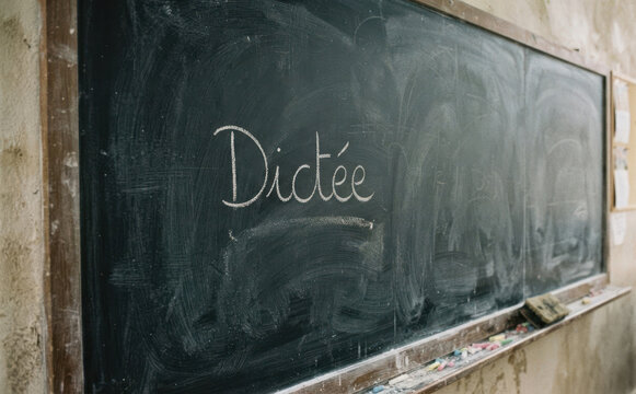 Dict&eacute;e sur un tableau noir d'&eacute;cole, le&ccedil;on d'orthographe et &eacute;ducation fran&ccedil;aise