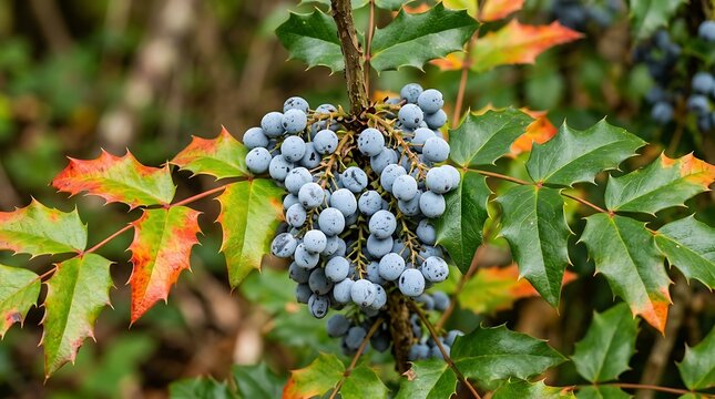 Fresh wild blueberry cluster growing on green autumn foliage branch outdoors.