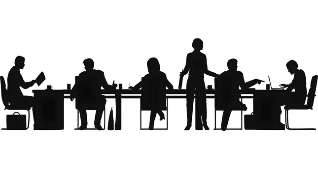 Silhouettes of business team sitting and standing around long conference table in boardroom meeting, corporate strategy, executive discussion, laptop vector illustration concept