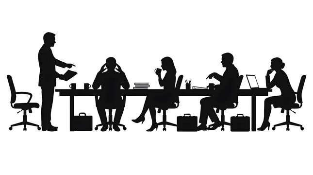 Silhouettes of five business people around conference table in boardroom meeting, presenter speaking to colleagues, executive discussion, teamwork concept vector illustration