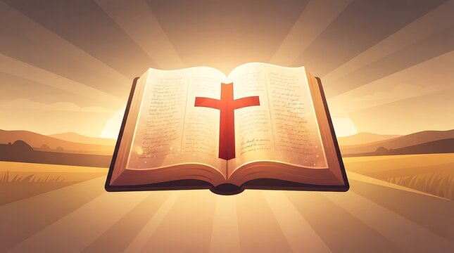 Open ancient book with glowing cross symbolizing faith and spirituality in divine light