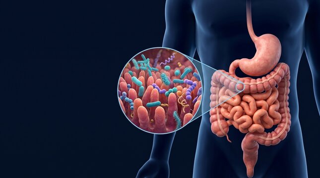 Human Digestive System Anatomy with Microbiome Microscopic Magnification View for Medical Science Educational Illustration