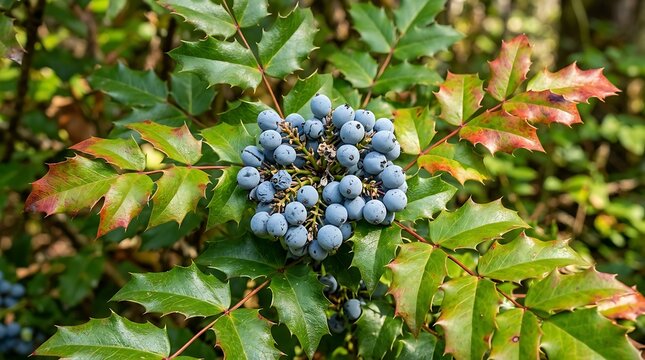 Fresh wild blueberries cluster growing on lush green foliage in natural sunlight