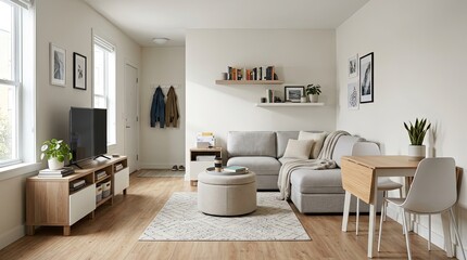 Fototapeta premium Modern Minimalist Apartment Living Room Interior with Expansive City Skyline View and Warm Neutral Tones for Comfortable Urban Residential Design