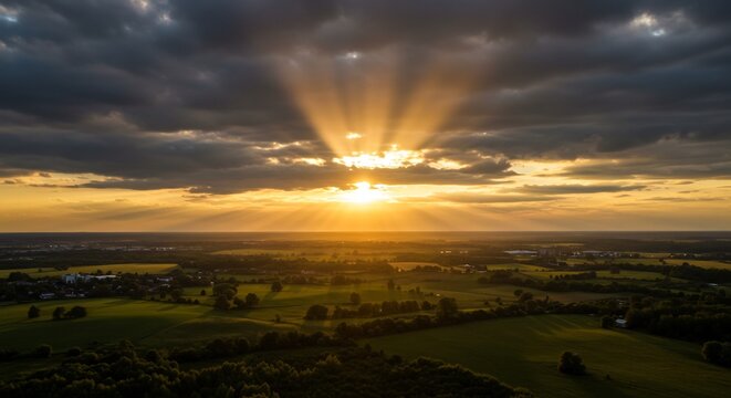 Sunrise Over Rolling Hills: A breathtaking aerial view captures the dawn breaking over a patchwork of green fields and distant villages, with dramatic sunbeams piercing through dark clouds.