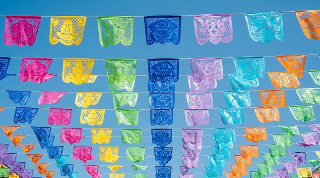 Vibrant handmade paper flags strung against a bright blue sky background.