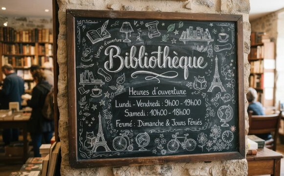 Biblioth&egrave;que Heures d ouverture - Panneau de signal&eacute;tique de librairie et horaires d ouverture pour boutique, commerce et lieu culturel
