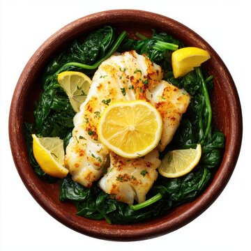 Seafood menu with baked cod fillet lemon wedges and saut&eacute;ed isolated on a white background