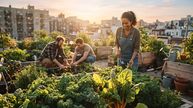 Diverse urban gardening team harvesting fresh greens on rooftop farm at sunset