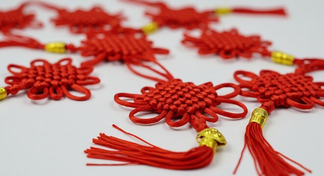 Traditional Chinese Knot Talismans: A close-up shot showcases a collection of intricate red Chinese knot talismans adorned with golden beads and tassels, symbolizing good fortune and prosperity.
