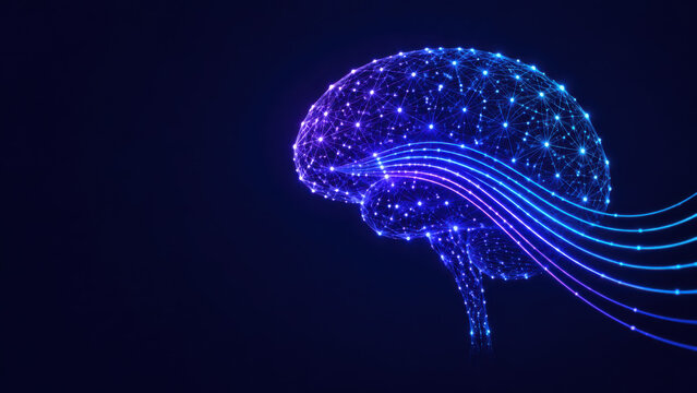 Glowing digital brain composed of network nodes and connecting light trails representing artificial intelligence and deep learning