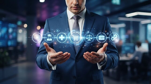 Professional executive demonstrating futuristic AI holographic interface with hands.