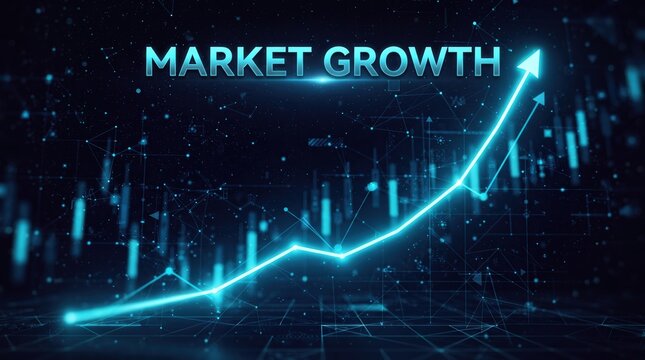 Market growth text with blue glowing line graph show profit trend for stock market analysis