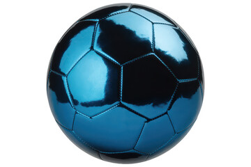 Naklejka premium A shiny metallic blue soccer ball with a glossy reflective surface and traditional hexagonal panel stitching isolated on a solid black background