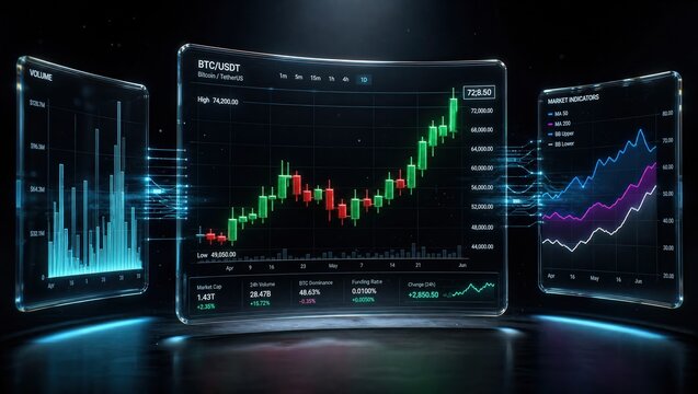 Futuristic bitcoin price chart display on digital screen for cryptocurrency market analysis