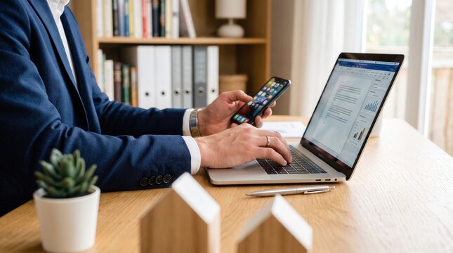 Professional man analyze financial data on laptop for real estate investment and mortgage concept