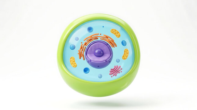 Detailed 3D model of an animal cell with visible organelles on a white background, representing biological structure.