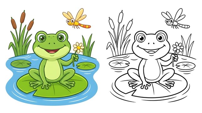 Cute Funny Cartoon Green Frog Sitting on a Leaf and Branch Vector Illustration