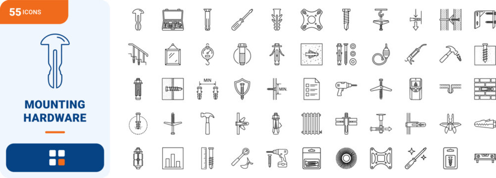 Wall Anchor Screws line icon set. Vector pictograms of fasteners, drywall anchors, mounting hardware, and masonry fixings elements, thin linear illustration.