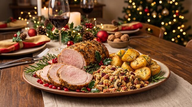 Commercial holiday food stock photo of a sliced roasted pork loin served with Brazilian farofa and roasted golden potatoes on a festive Christmas platter.