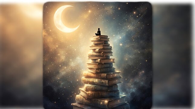 Dreamy golden pyramid floating under a crescent moon in starry night sky.