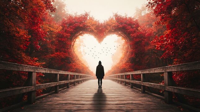 Silhouette of person walking toward glowing heart-shaped light in autumn forest path.