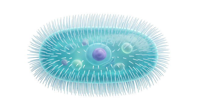 Microscopic illustration of a paramecium, a single-celled ciliate protozoan, showing its internal organelles and external cilia.