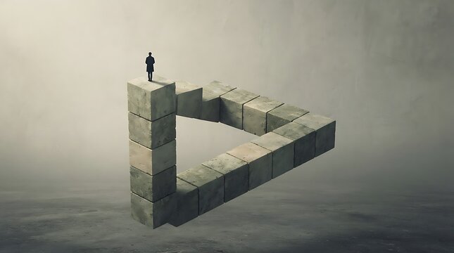 Person balancing on floating concrete ledge with dramatic sky backdrop.