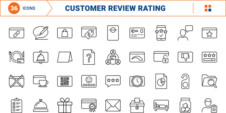 Hospitality management line icon set. Vector pictograms of feedback, review, rating, and survey elements, thin linear illustration.