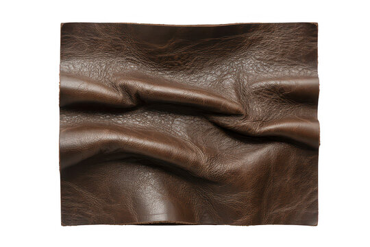 A square piece of dark brown leather with visible natural grain and soft folds, textured surface, isolated on black background