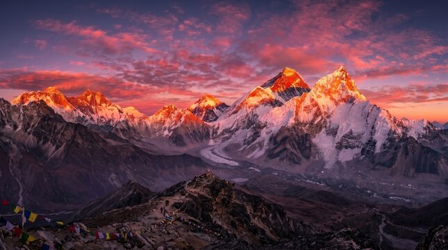 Stunning Sunset over Mount Everest and Lhotse Peaks with Colorful Tibetan Prayer Flags in the Himalayas of Nepal